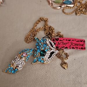 Betsey Johnson Gold and Blue, Pink White Stones LG Owl Necklace NEW